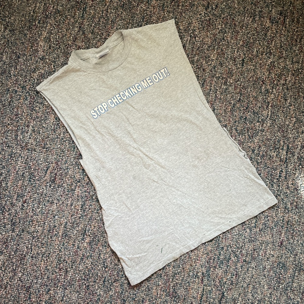 Optima‎ Mens Stop Checking Me Out Graphic Muscle Tee Heather Gray Sleeveless M
